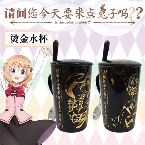 Anime Is the order a rabbit? Kafuu Chino Hoto Kokoa Ceramic Mug Cup Student Water Cup Gold Stamping Spoon+Cup lid +Cup Gift