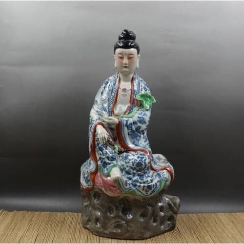 Antique QingDynasty porcelain statue,Pastel sculpture Bodhisattva,carved crafts,Decoration,Collection&Adornment,Free shipping