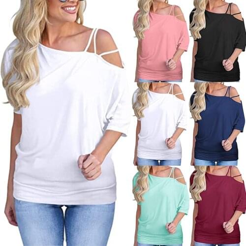Summer Womens Casual Loose Short-sleeved Oblique Collar Solid Color Pants Polyester Sling Oblique Shoulder Large Size T-shirt