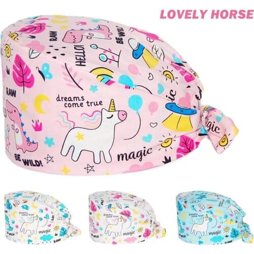 Surgicals Hats 100% Cotton Anime Printing Adjustable Nurse Caps Lab Beauty Salon Pet Shop Working Accessories Nursing Scrub Cap