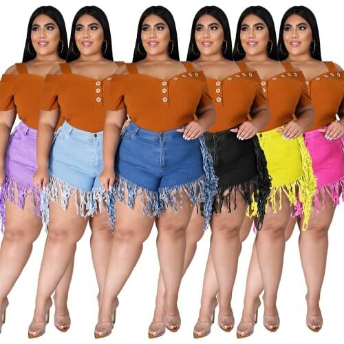 INS Women Plus Size L-4XL Streetwear Short Jeans 2021 Summer New High Waist Tassels Light Washed Skinny Denim Shorts