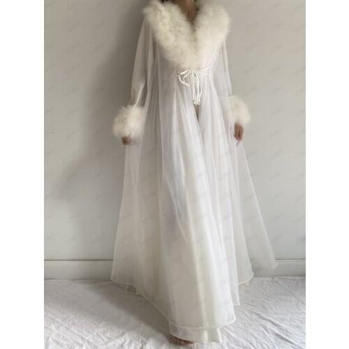 LO&LI Sexy Feather Robe Illusion Fur Trim Boudoir Robe Nightgown Bathrobe Bridal Lingerie Wedding Scarf