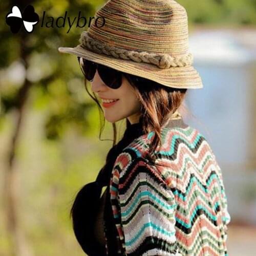 Ladybro Jazz Straw Hat Female Beach Women Sun Hat Kids Summer Striped Rainbow Foldable Child Straw Hats For Women Beach Headwear
