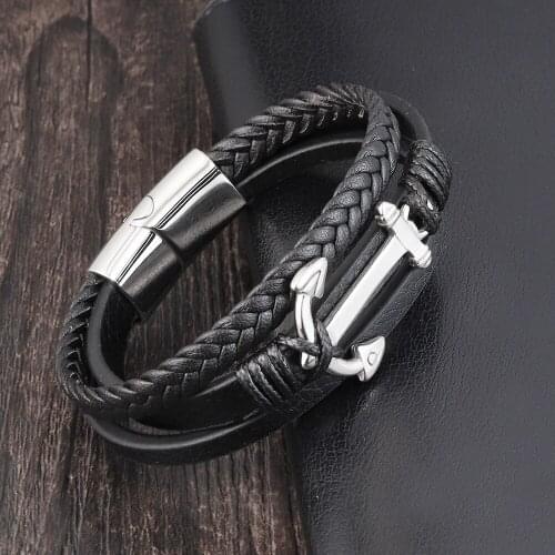 LAMEMDEE Fashion Men Jewelry Anchor Bracelet Leather Rope Bracelet Stainless Steel Buckle Hand Chain Punk Leather Wrap Bracelet
