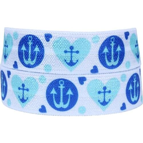 Summer holiday style foe ribbon, 50 yards 5/8" anchor printed fold over elastic for hair ties