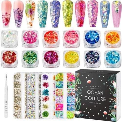 Makartt Nail Decorations Kit, Nail Glitters Nail Rhinestones 3D Butterfly Dried Flowers with Nail Tweezers for Nails Art Design