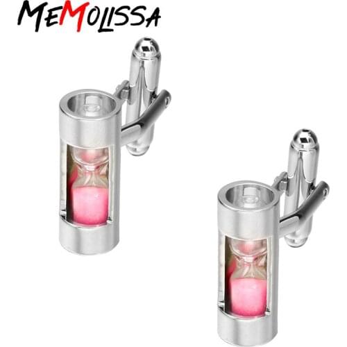 MeMolissa Hot Sale Creative Trinkets Pink Color Hourglass Desig Cufflinks Sand Clock Glass Timer Sandglass Shape Cuff Links
