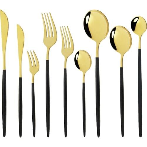5Pcs Stainless Steel Cutlery Set Mirror Dinnerware Set Black Handle Gold Dinner Scoop Cake Fork Knife Set Teaspoon Tableware