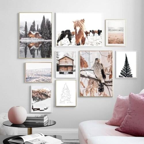 Snow Lake House Pine eagle Horse Wall Art Canvas Painting Winter Nordic Posters And Prints Wall Pictures For Living Room Decor
