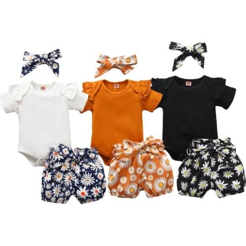 New Kids Suit Set Round Collar Short Sleeve Romper Floral Print Shorts Waistband Headband Summer Babys Sets