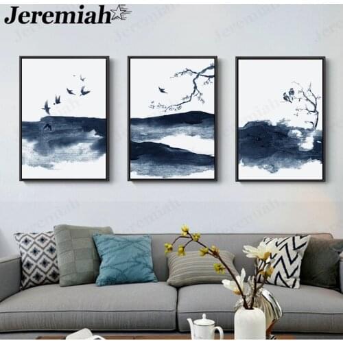 Simple Chinese Style Canvas Poster Abstract Ink Landscape Painting Bird Blue Picture Print Living Room Decoration Frameless