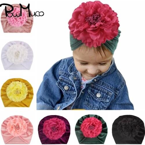 Powmuco Artificial Flower Infant Hats High Quality Gold Velvet Baby Girls Caps Autumn and Winter Warm Headwear Kids Accessories