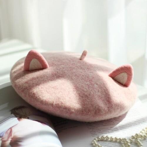 Japanese sweet parent-child painter hat children cute autumn and winter wool felt pink cat ear beret