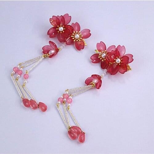 Red Flower Girl Hair Clips Long Tassel Hairpin HanfuTraditional Headdress Handmade Hair clip