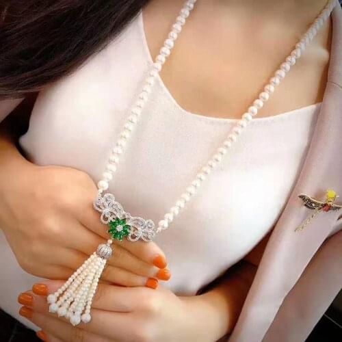 Womens jewelry 8-9mm 70+15cm micro inlaid zircon green accessories white freshwater pearl necklace