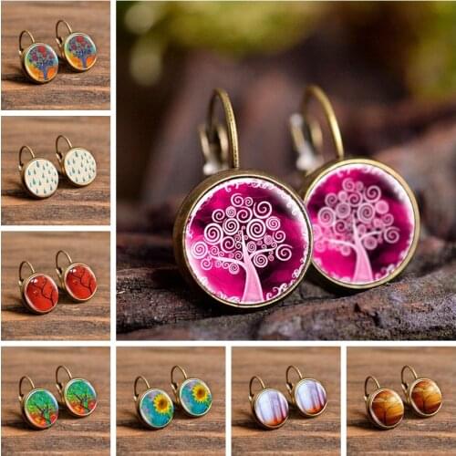 The Tree of Life Stud Earrings Women Fashion Glass Cabochon Handcrafted Jewelry Creative Style Gift for Men Women Drop Shipping
