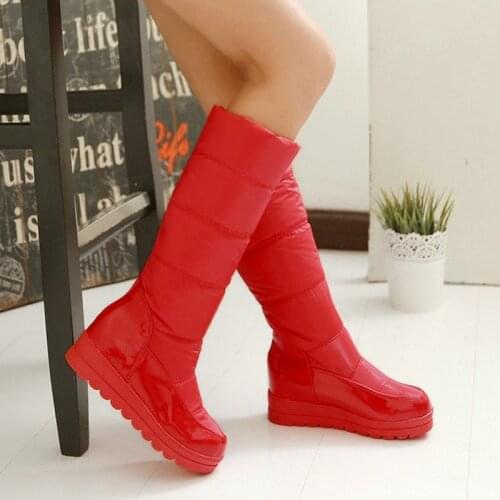 Women Warm Knee-high Boots Flat Snow Boots Womens Inner Heightening Down Cotton Boots Shoes Black Red White Blue Winter Boots