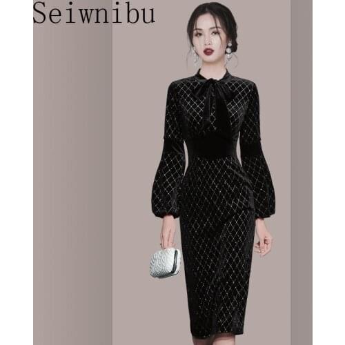 Autumn Women Fashion Runway Velvet Midi Dress Lantern Sleeve Bow Plaid Printed Elegant Slim Fit Ladies Pencil Dresses