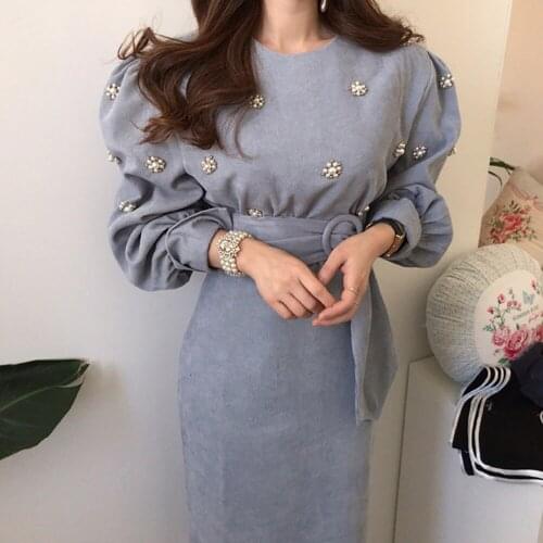 Fashion Long Sleeve Bodycon Women Dress Chic Vintage Puff Sleeve Pearls Beading Corduroy Dresses Elegant Ladies Party Dress