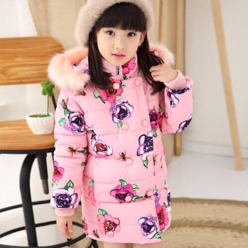 Girls Winter Thick Hat Cotton Clothing for Girl Winter Clothing Long Sleeve Flowers Cotton Clothing Tide 4-12 Ages Blue Pink