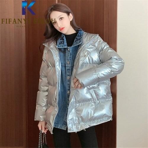 Winter Jacket Women Thick Warm Parka Down Jackets Denim Spliced Fashion Lapel Embroidery Loose Parkas Cotton Padded Coat Female