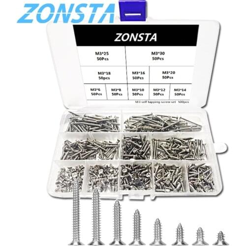 500Pcs M3 Flat Head Self Tapping Screw Set 304 Stainless Steel Cross Phillips Countersunk Head Fiber Drilling Wood Screws Kit