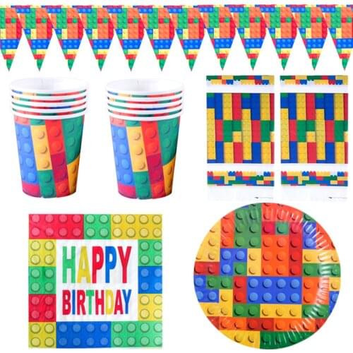 51pcs/lot Building Blocks Theme Napkins Tablecloth Happy Birthday Party Plates Cups Decoration Flags Kids Boys Favors Banner