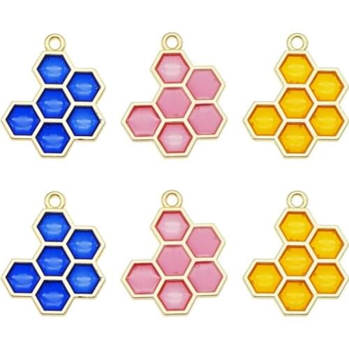 Julie Wang 6PCS Enamel Honeycomb Charms Mixed Pink Yellow Blue Hive Pendants Alloy Necklace Bracelet Jewelry Making Accessory