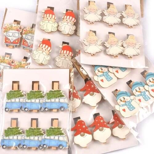 6pcs/pack Christmas Decorations Wooden Cartoon Clip Pendant DIY Craft Xmas Tree Accessories Home Photo Wall Supplies Kids Gift