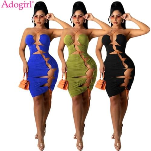 Adogirl Women Sexy Lace Up Strapless Hollow Out Bodycon Mini Dress Fashion Spaghetti Straps Night Club Party Vestidos Outfits