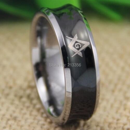 Free Shipping USA UK CANADA RUSSIA Brazil Hot Selling 8MM Black Silver Edges Concaved Masonic Mason Mens Tungsten Wedding Ring