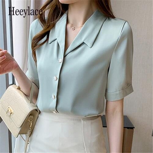 Blouses Womens Summer New 2021 Stain Shirt Female Tops Short Sleeve Turn-down Collar Korean Style Office Lady Blouses