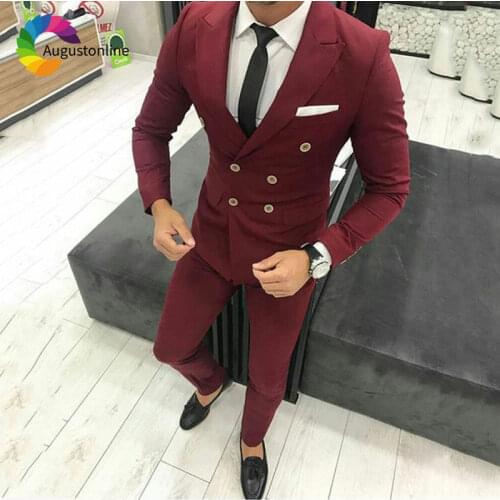 Burgundy Men Suits for Wedding Formal Business Man Blazer Double Breasted Groom Tuxedos 2Piece Tailored Slim Fit Terno Masculino