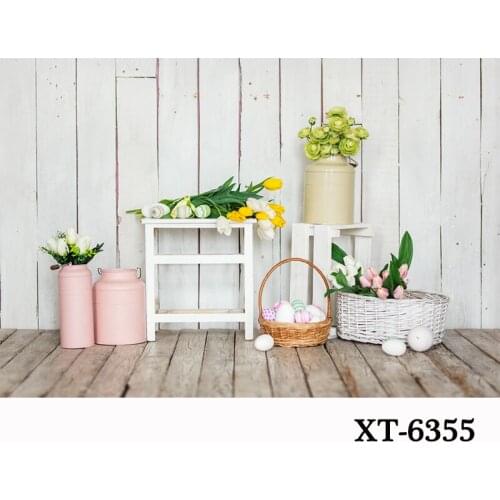 HUAYI Backdrop For Easter Photoshoot White Gray Brick Wood Floor Eggs Painted Cute House Flowers Portrait Session Background