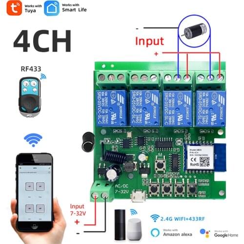 4CH Wifi Smart Light Switch,DC 5/12/32V RF433 Receiver,10A Inching Pulse Relays Work with Alexa Google Assistant,Tuya Smart Life
