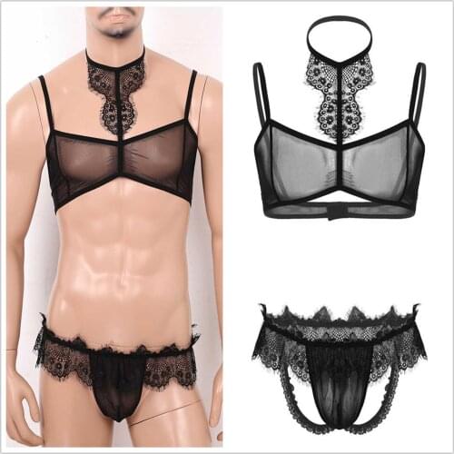 Mens Erotic Sissy Lingerie Set Sheer Mesh Lace Transparent Crossdresser Gay Underwear Hot Sexy Male Bra Top with Briefs Panties