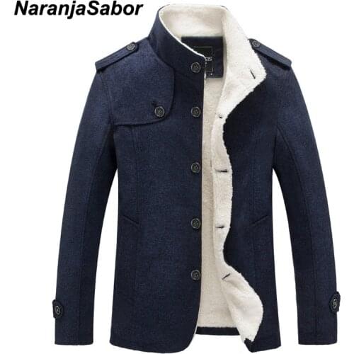 NaranjaSabor Winter Mens Coat Fleece Lined Thick Warm Woolen Coats Autumn Overcoat Male Wool Blend Jackets Brand Clothing N484