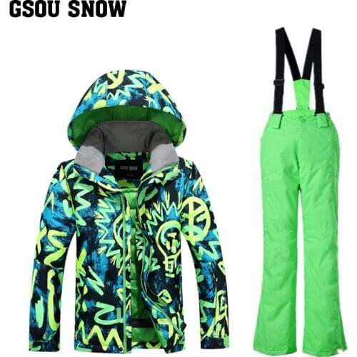 2017 New GSOU SNOW Childrens Ski Suit Boy Ski suit Windproof Waterproof Breathable Warm Ski Jacket Ski Trousers Size XS-M