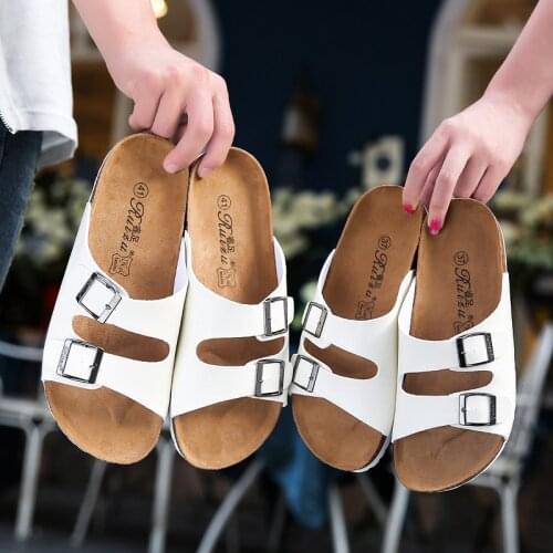2021 New Summer Women Leather Mule Clogs Slippers High Quality Soft Cork Two Buckle Slides Footwear for Men Women Unisex 35-45