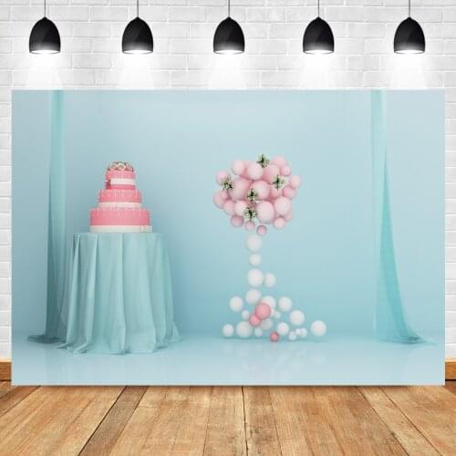Laeacco Baby Birthday Scenic Balloons Cake Baby Photocall Background Blue Wall Toys Family Shoot Child Portrait Photo Backdrop