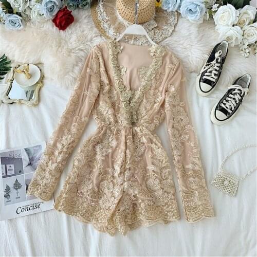 Sexy V-Neck Hollow Out Lace Playsuits Spring Autumn Women Bodycon Hook Flower Jumpsuits Ladies Long Sleeve Mesh Rompers Bodysuit