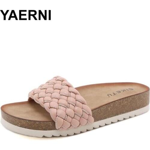YAERNI Summer Women Weave Slippers Platform Flat Outdoor Non-slip Beach Flip Flop Casual Sexy Sandals Wooden Bottom Ladies Shoes