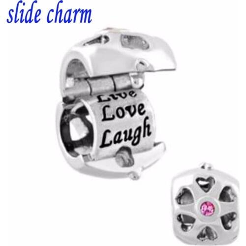Slide charm Free shipping Live Love Laugh Locket Charm Bracelet Pink Crystal Charms beads fit Pandora bracelet