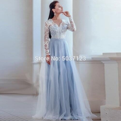 Tempting Light Blue Wedding Dresses Long Sleeves V Neck A Line Vestido De Novias Longo Lace Appliques Floor Length Bridal Gown