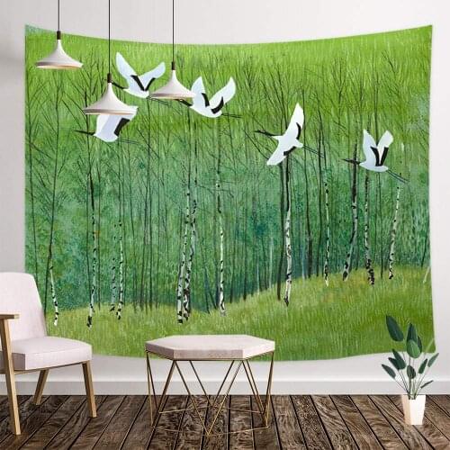 Japanese Watercolor Forest Green Trees and Flying Birds Japan Ink Painting Wall Tapestry