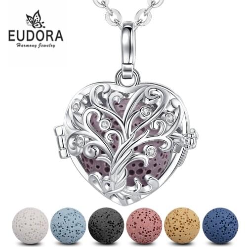 Eudora Harmony Tree of Life Locket 7PCS Volcanic Lava Stone Heart Necklace For Women Aroma Diffuser Locket Pendant Necklace