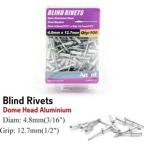 ACCORD Pbx100 500 Blind Rivet Open Aluminium Head Diam 3/16" x Grip 1/2" Steel Mandrel (4.8mm X 12.7mm)