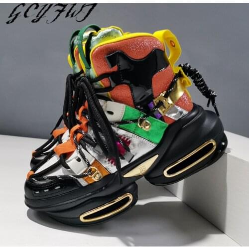 Women Snekaers Genuine Leather Color Matching Height Increasing Women Shoes Lace-Up Round Toe Flat Platform Sapatos Das Mulheres