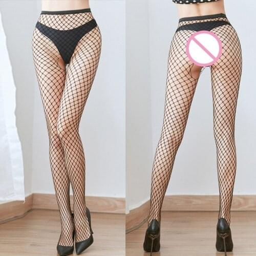 Women High Waist Sexy Hollow Out Fishnet Pantyhose Temptation Open Crotch Lingerie Tights See-Through Black Suspender Stockings