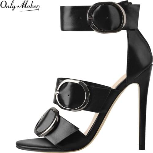Onlymaker Thin High Sandals Women Matte Black Cover Heel Ankle Buckle Open Toe Zipper Big Size